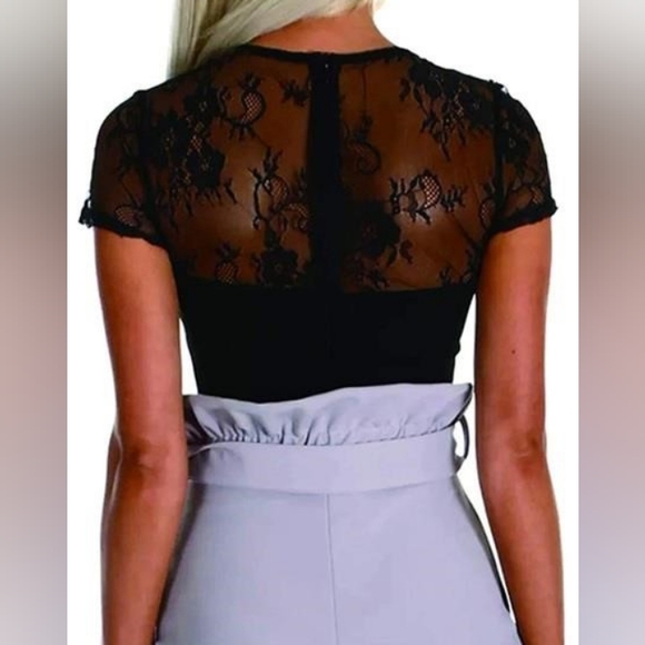 NWOT Sexy Black Mesh Sheer Lace Short Sleeve Bodysuit Leotard Clubwear Top - Picture 3 of 12